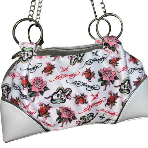 *RESERVED* ED HARDY BLING WHITE SATCHEL SKULLS RHINESTONE HEARTS ROSES CHARMS - Picture 8 of 15